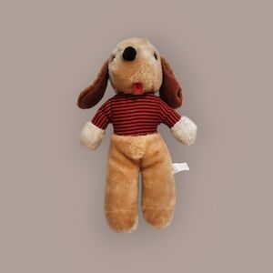 Vintage 1983 Interpur Tan and Brown Stuffed Dog with Striped Shirt